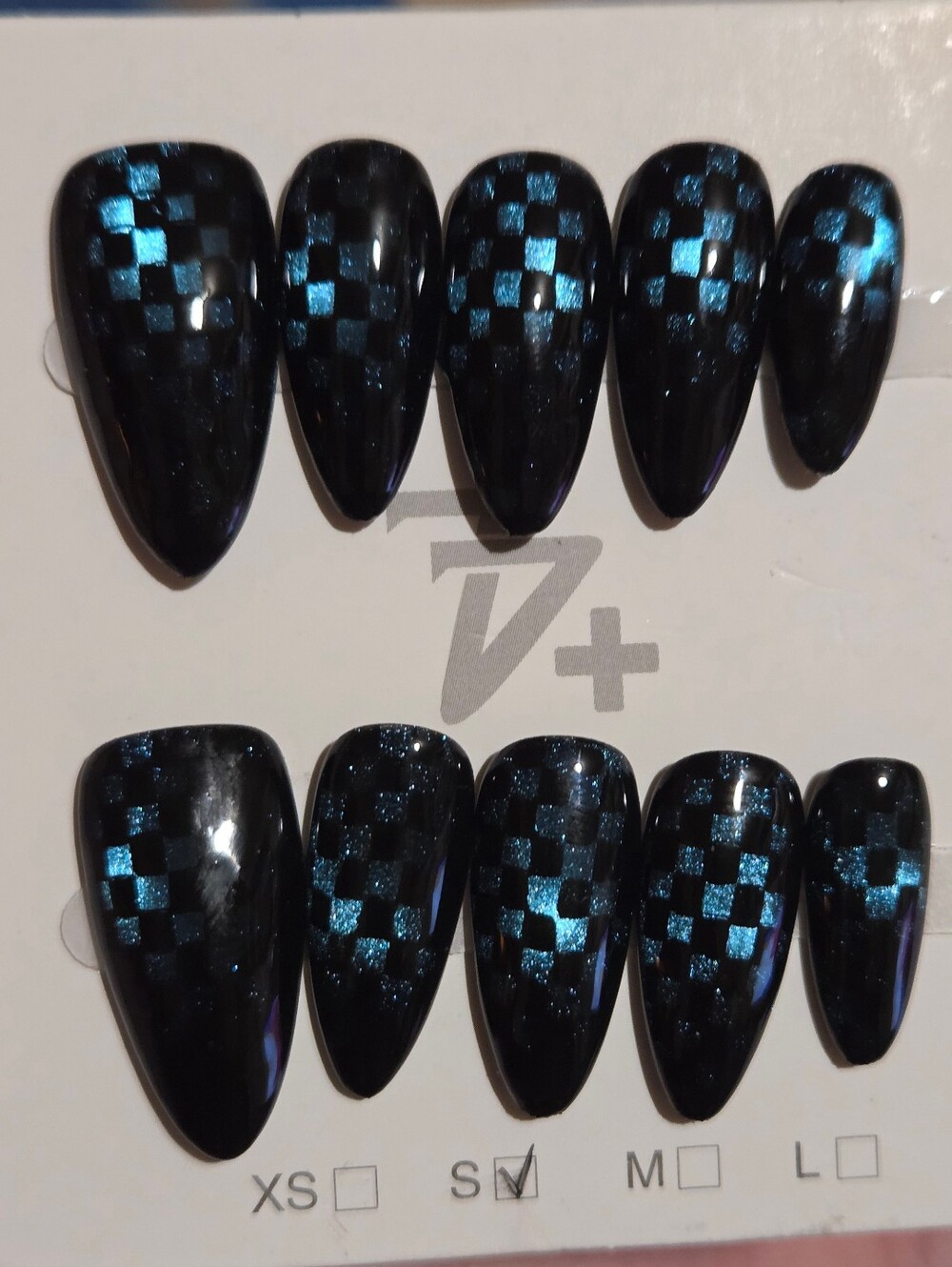 Y2K Style Black/Blue Checkered Cat-Eye Almonds 2.5 Press On Nails